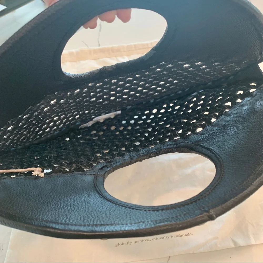 🌞 Cleobella Black Real Leather Macrame Round Circle Tote Bag
